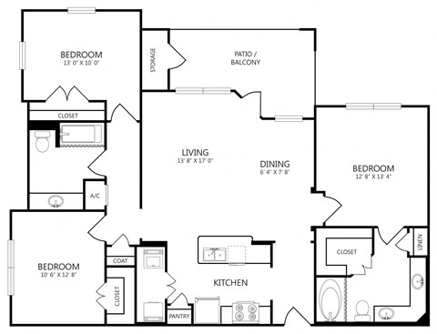 Floor plan for 3 beds, 2 baths, 1343 sqft